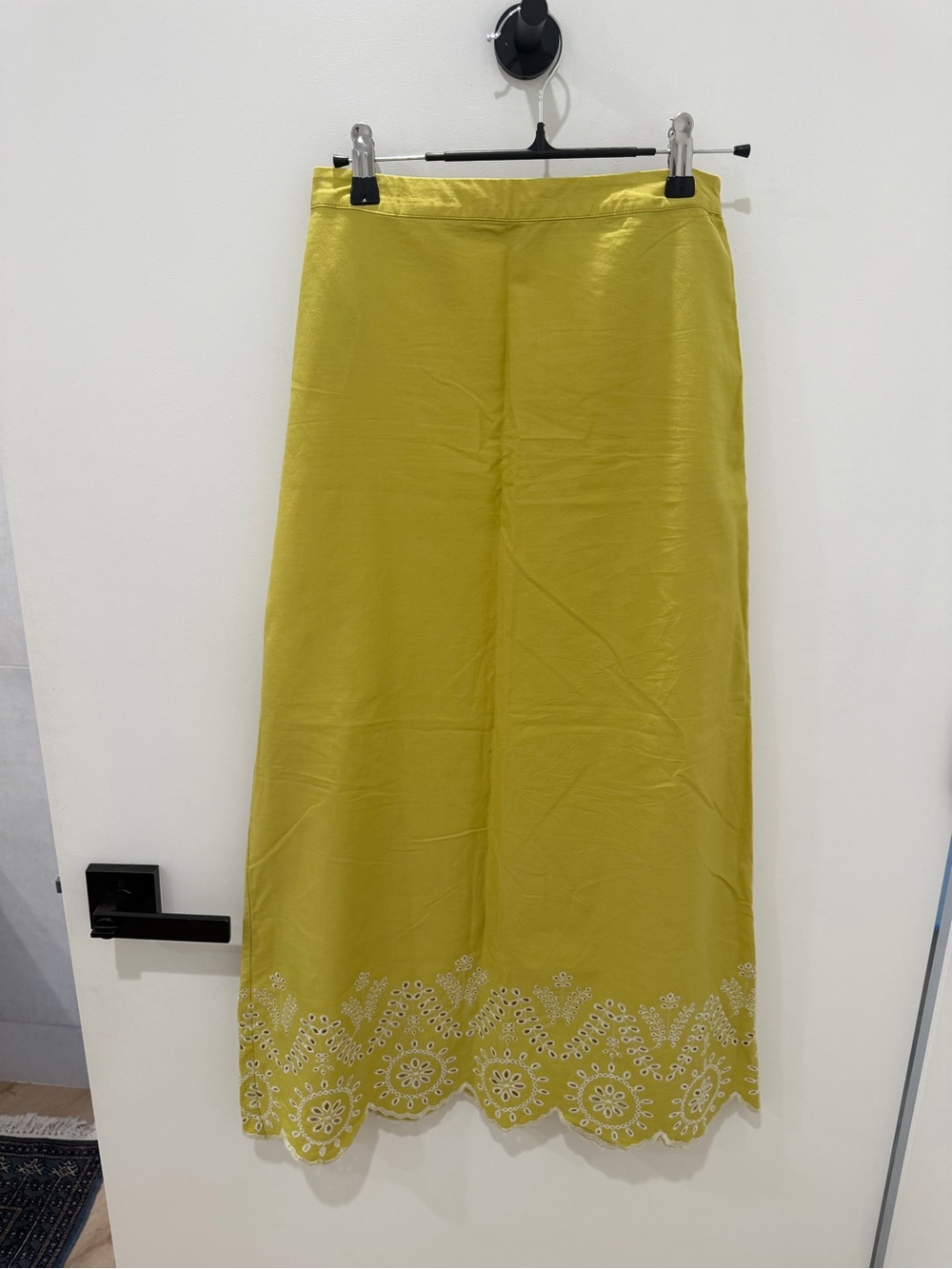 Mango Chartreuse Maxi Skirt with Scalloped Eyelet Hem